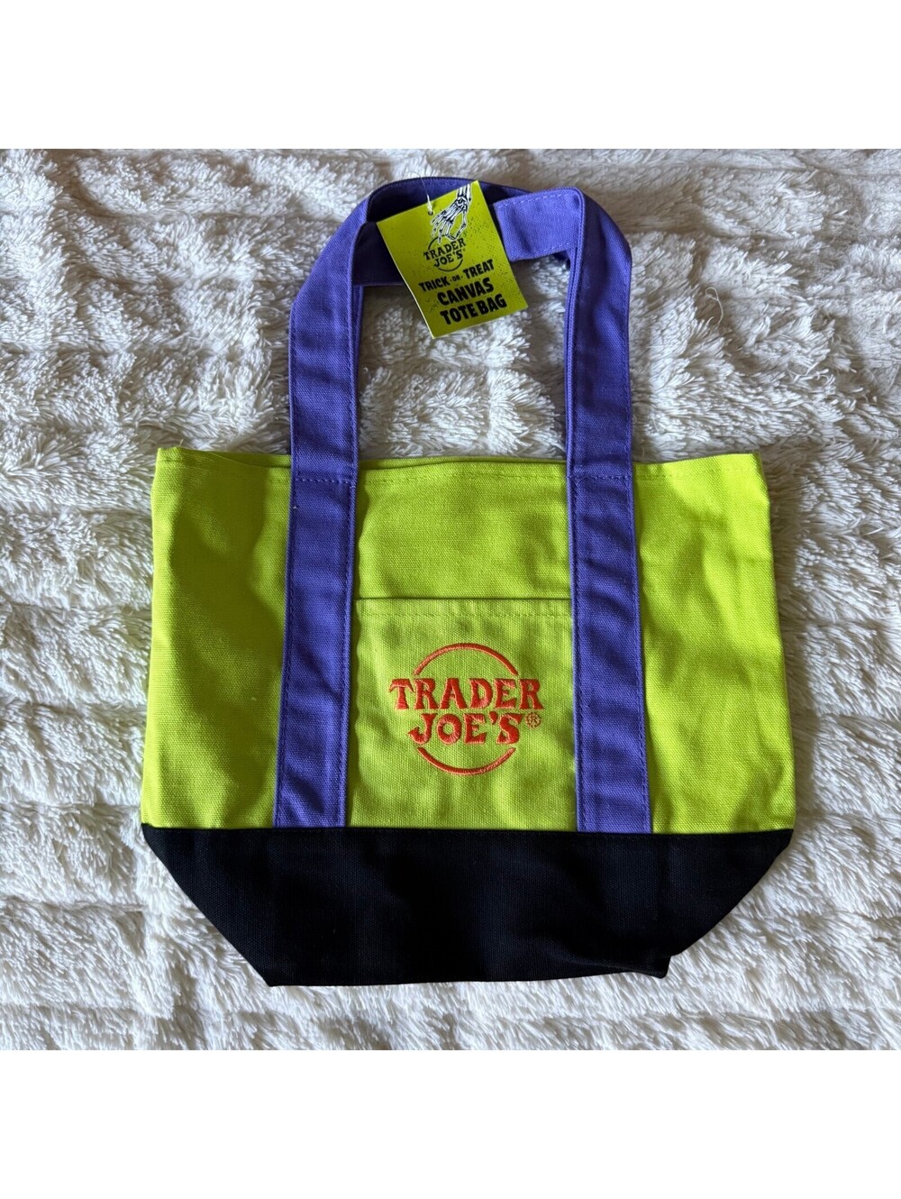 Trader Joe's 2026 Trick or Treat Mini Canvas Tote Bag Green Purple Black NWT
